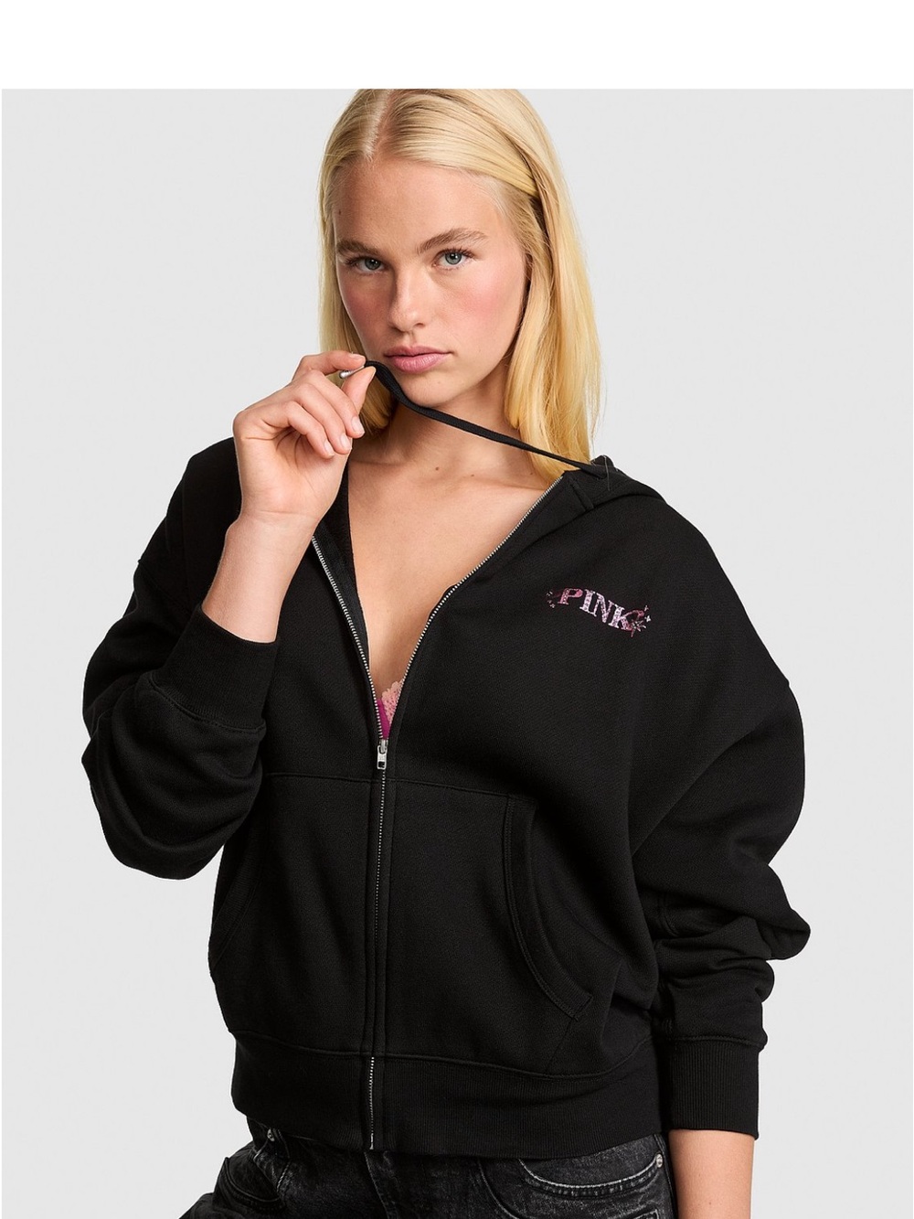 PINK Victoria's Secret Black Zip Hoodie with Pink Logo